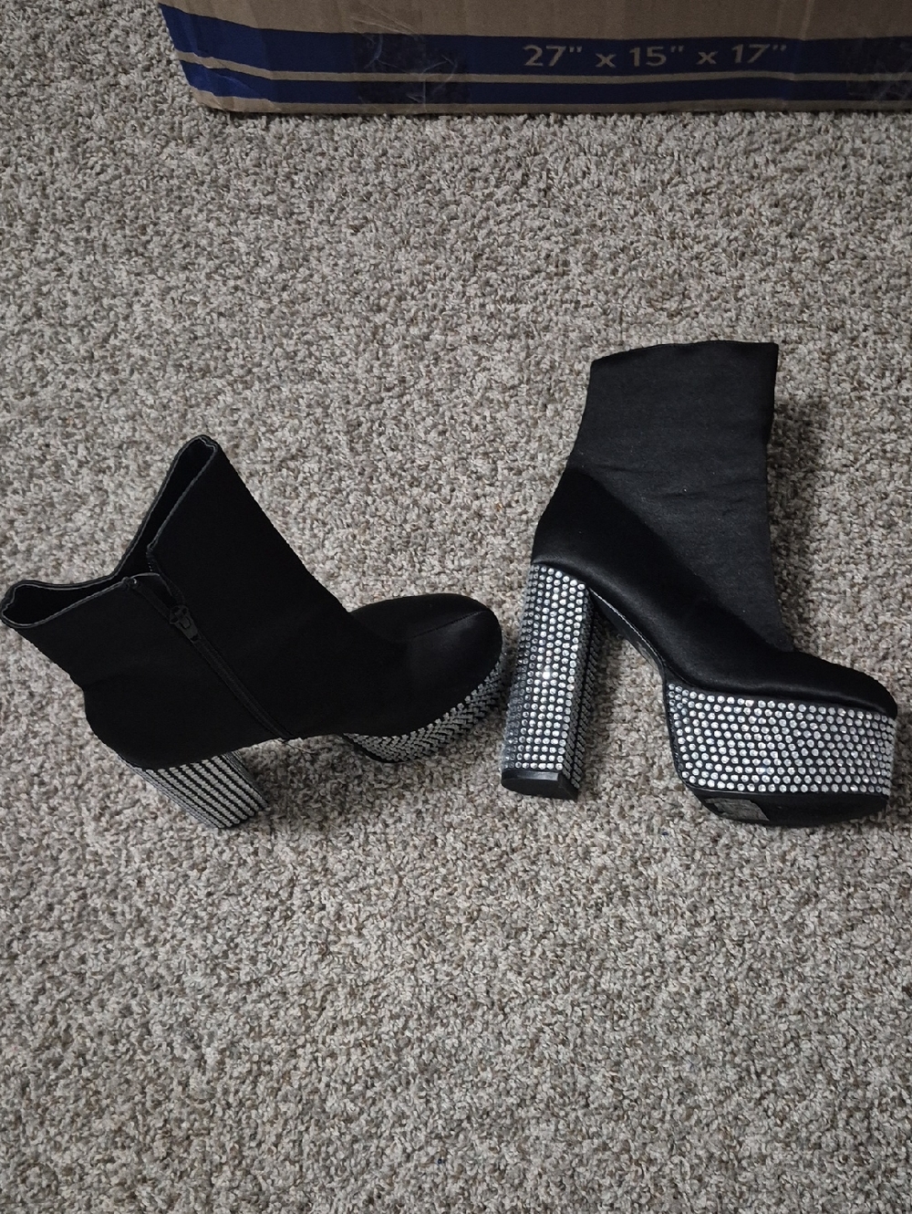 Black Platform Rhinestone Block Heel Ankle Boots